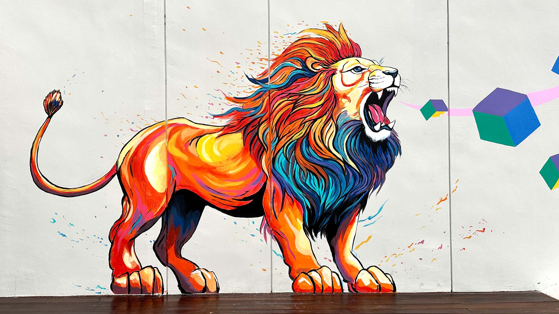 OneNTU Mural - Lion OneNTU Mural - Illustation of orange coloured lion on wall at NTU North Spine
